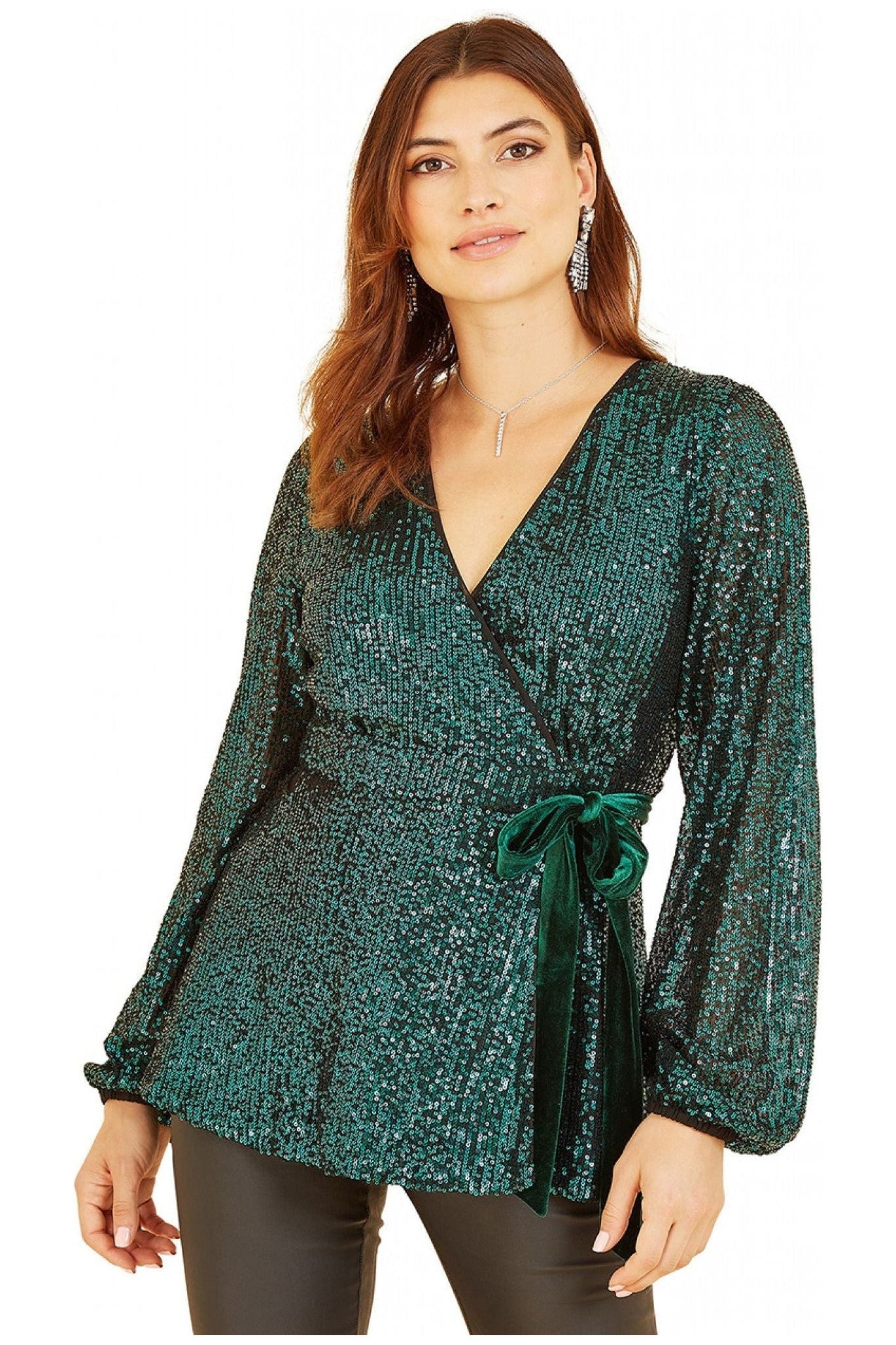 Green Sequin Wrap Top With Velvet Tie YM2766009