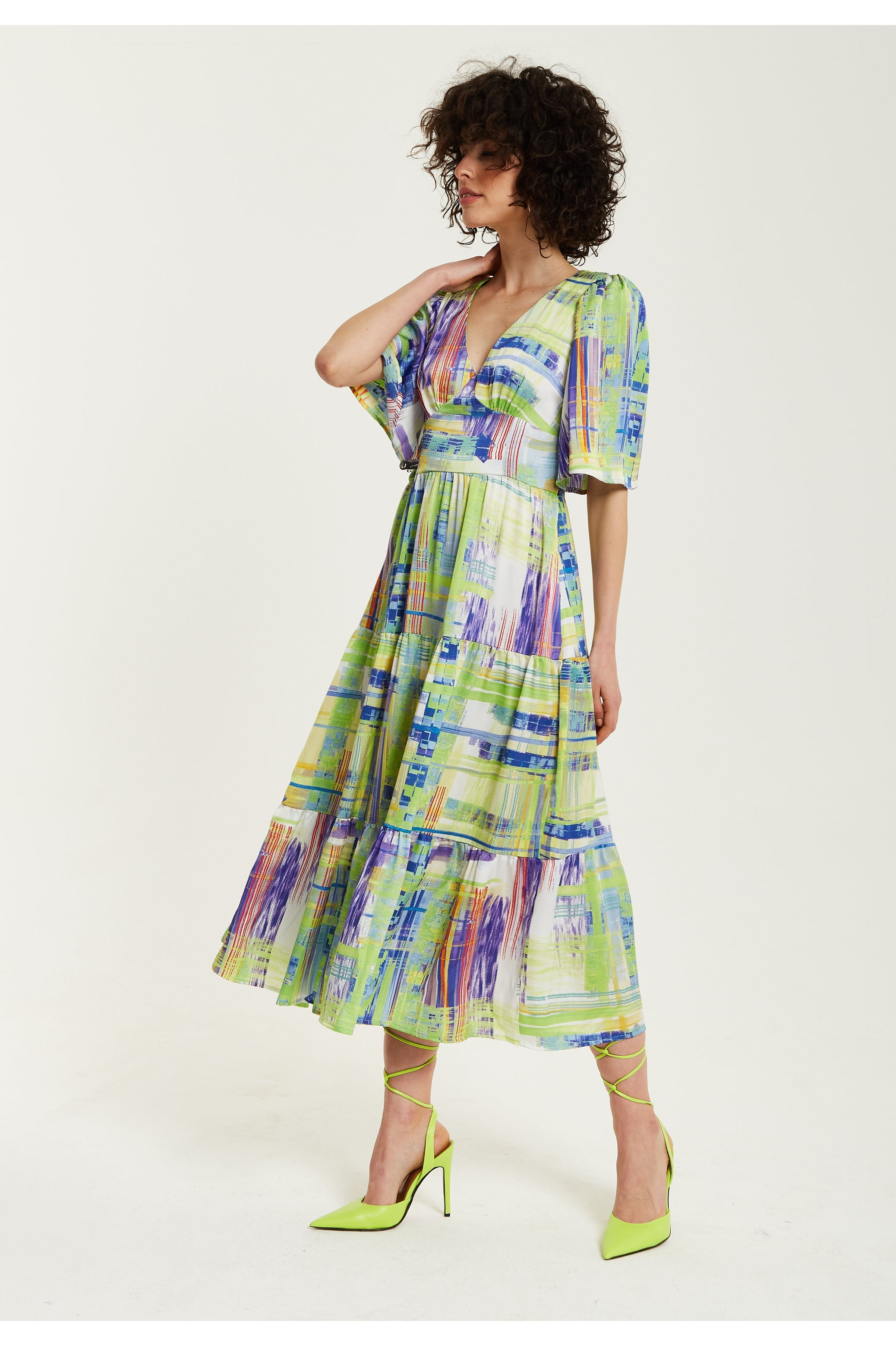 Green Abstract Print Midi Dress With Short Sleeves B8-96-LIQ22SS133