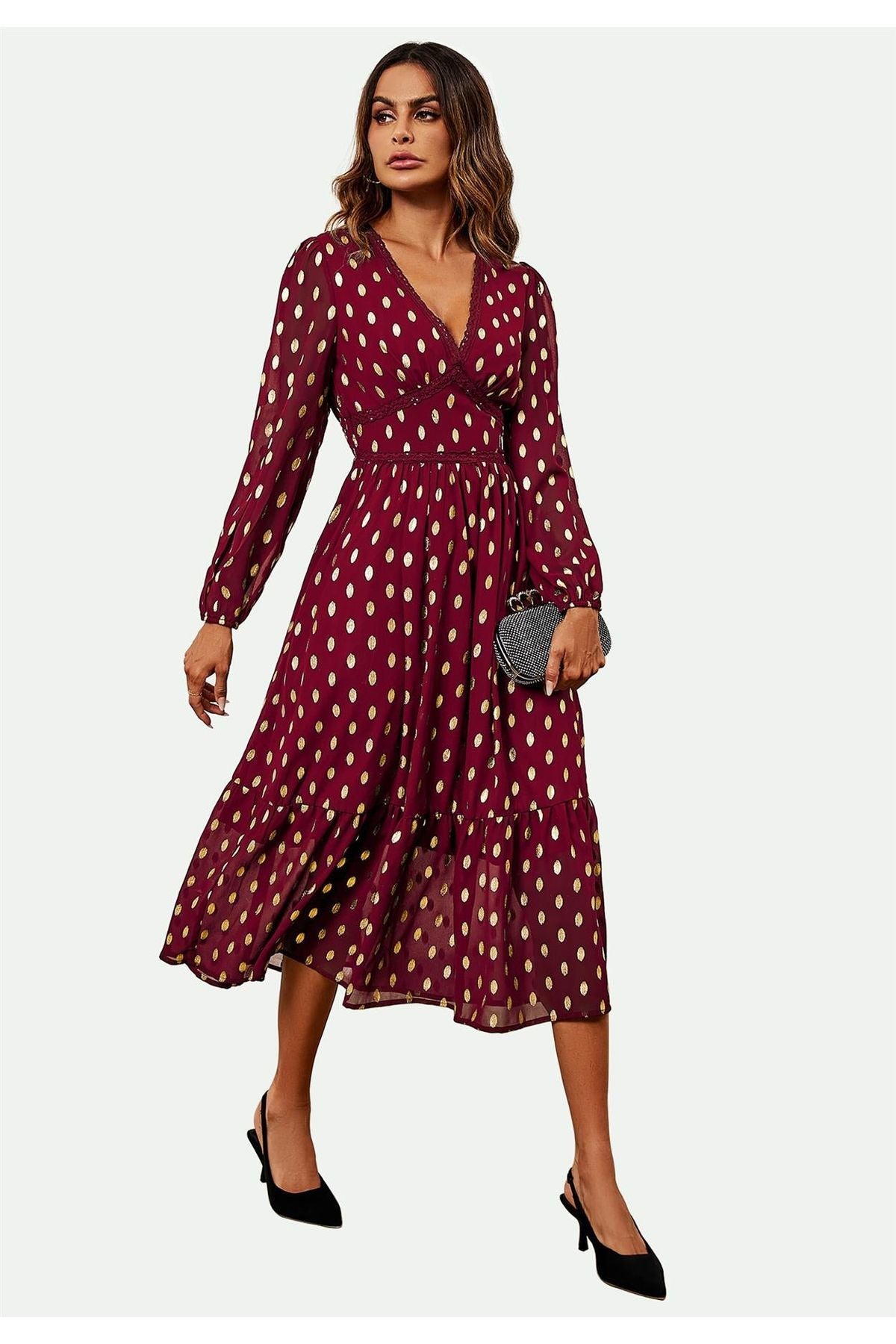 Lace Trim Foil Long Sleeve Maxi Dress In Wine FS565-WG