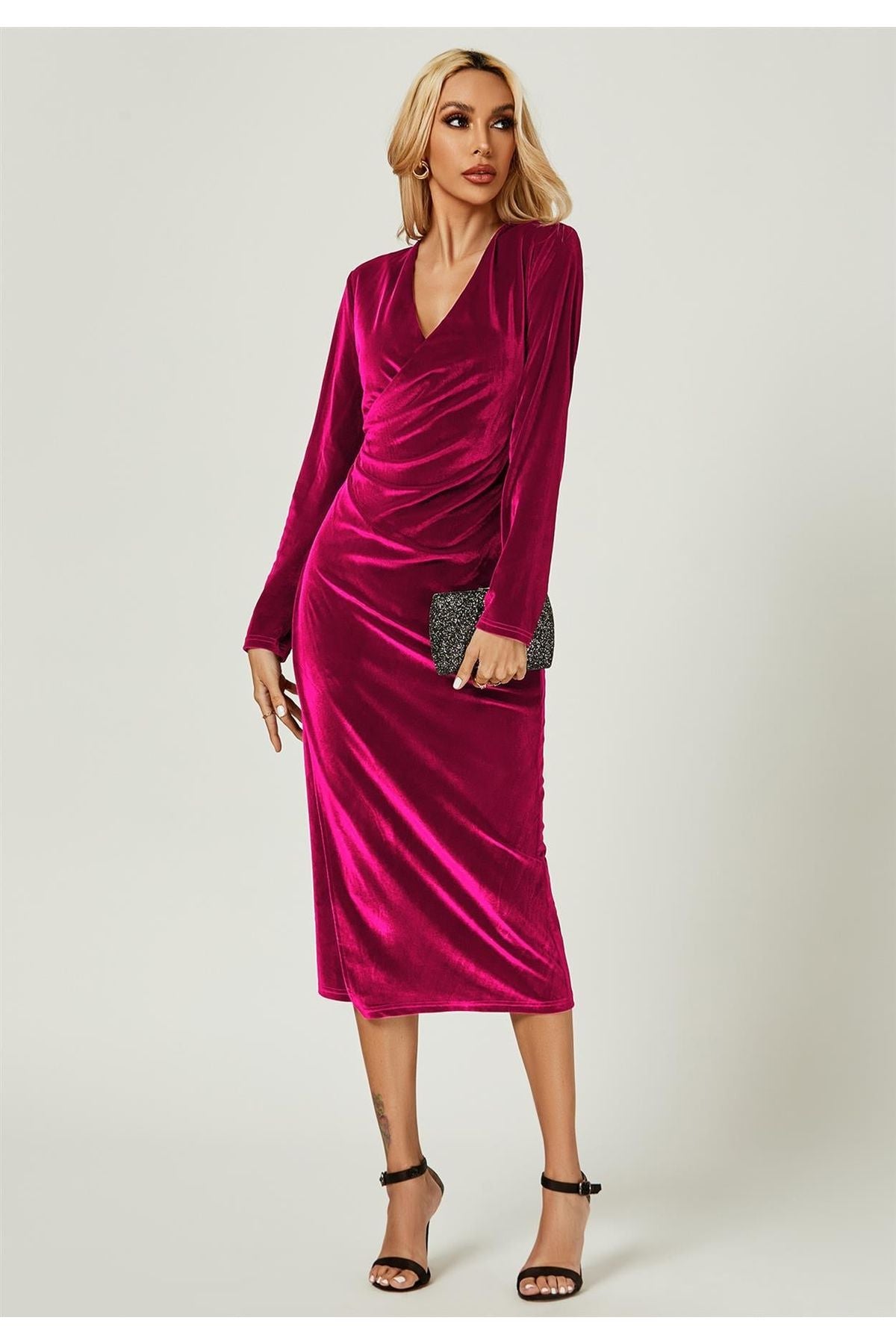 Velvet Wrap Top Long Sleeve Occasions Midi Dress In Violet FS112