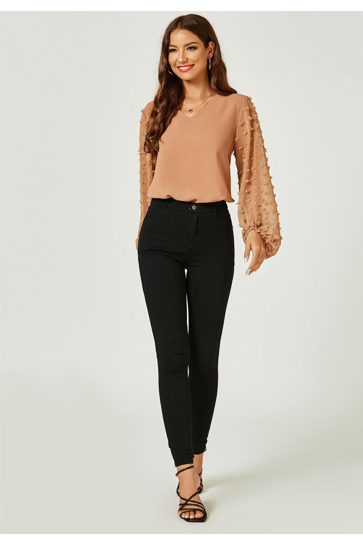 Lace Long Sleeve V Neck Top Blouse In Camel FS502