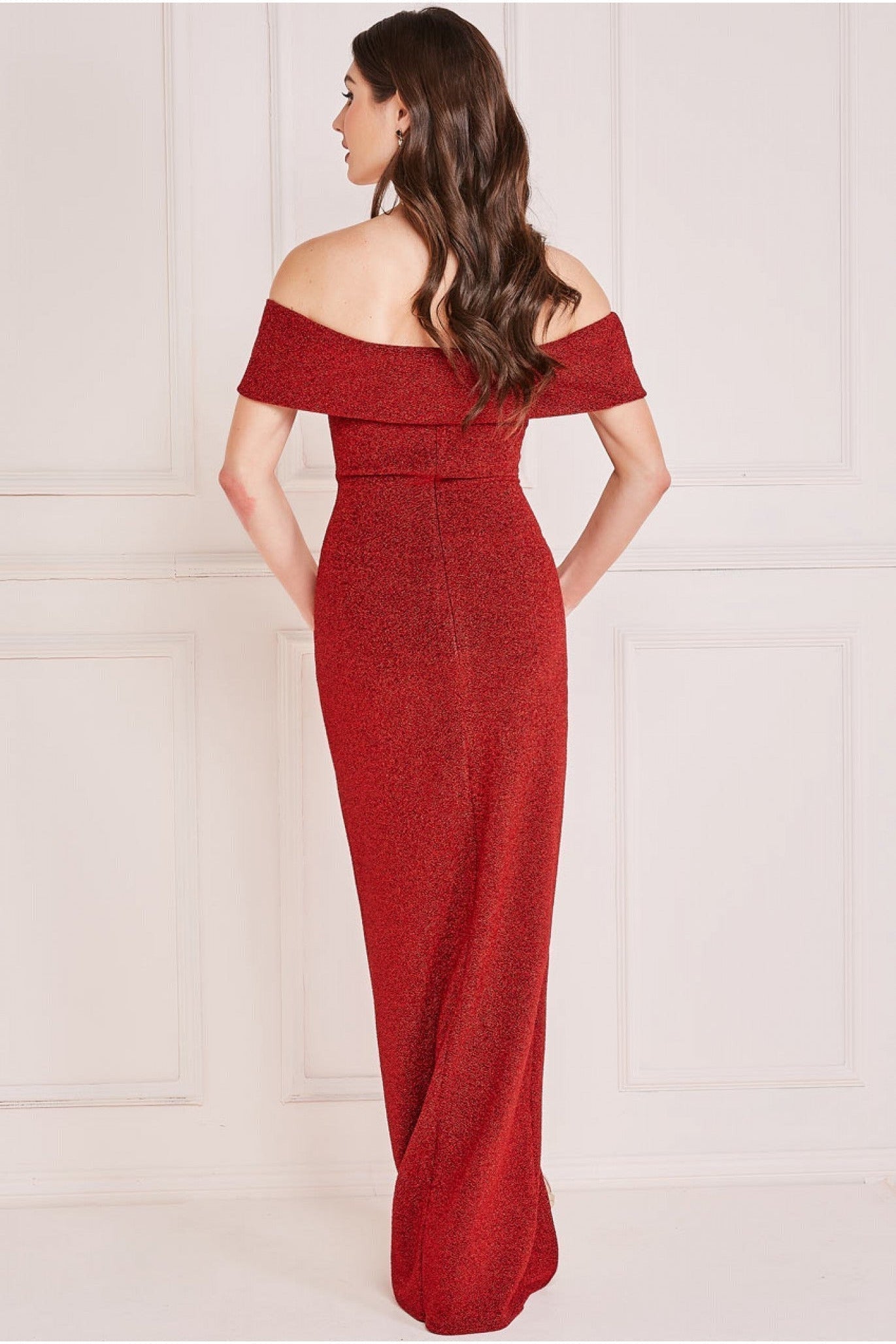 Sparkle Bardot Maxi With Waterfall Ruffle - Red DR3998