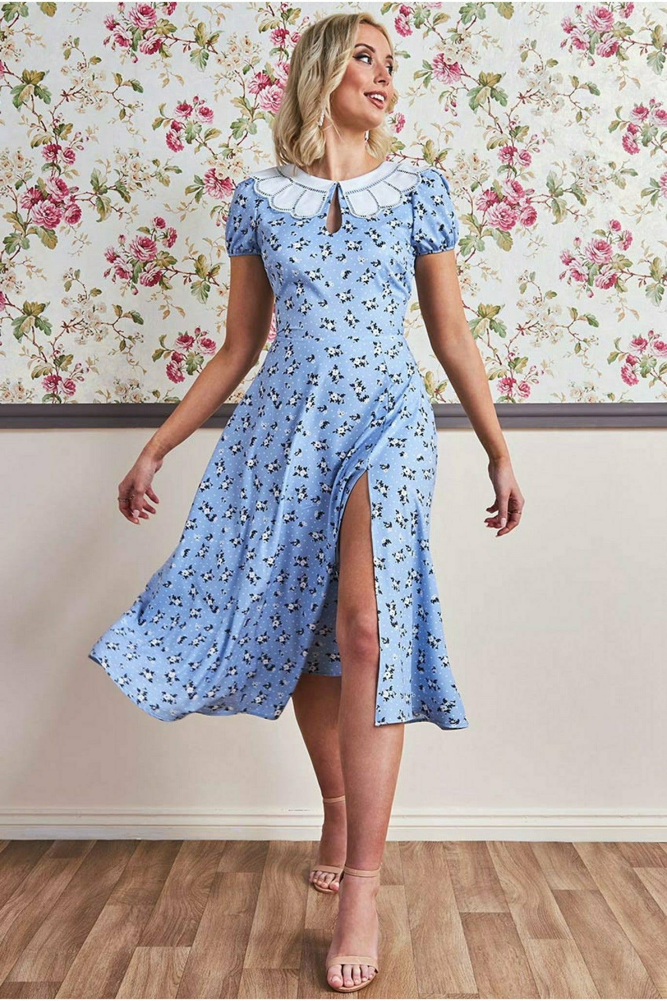 Printed Midi With Front Split - Powder Blue DR3356