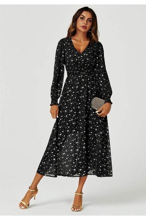 Gold Star Foil Long Sleeve Maxi Dress In Black FS629-BlackStar