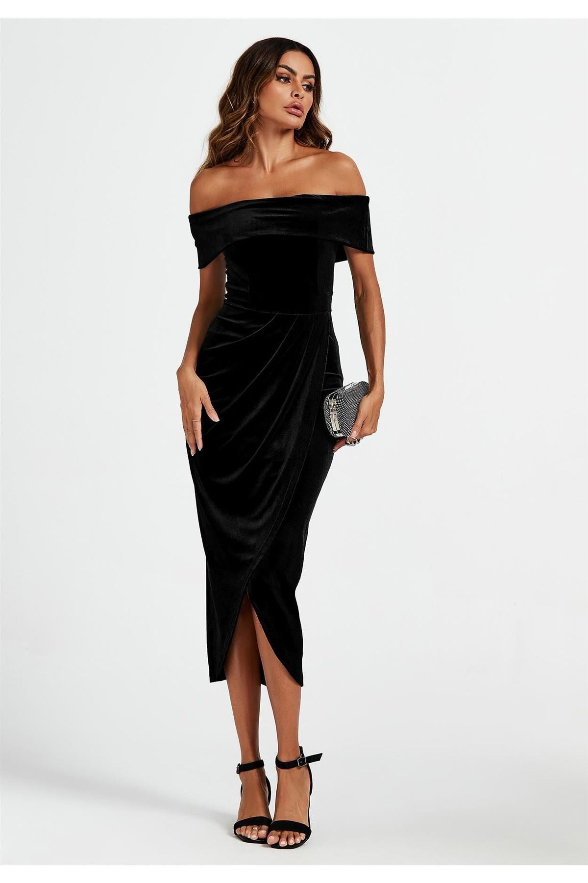 Off Shoulder Velvet Midi Dress In Black FS593