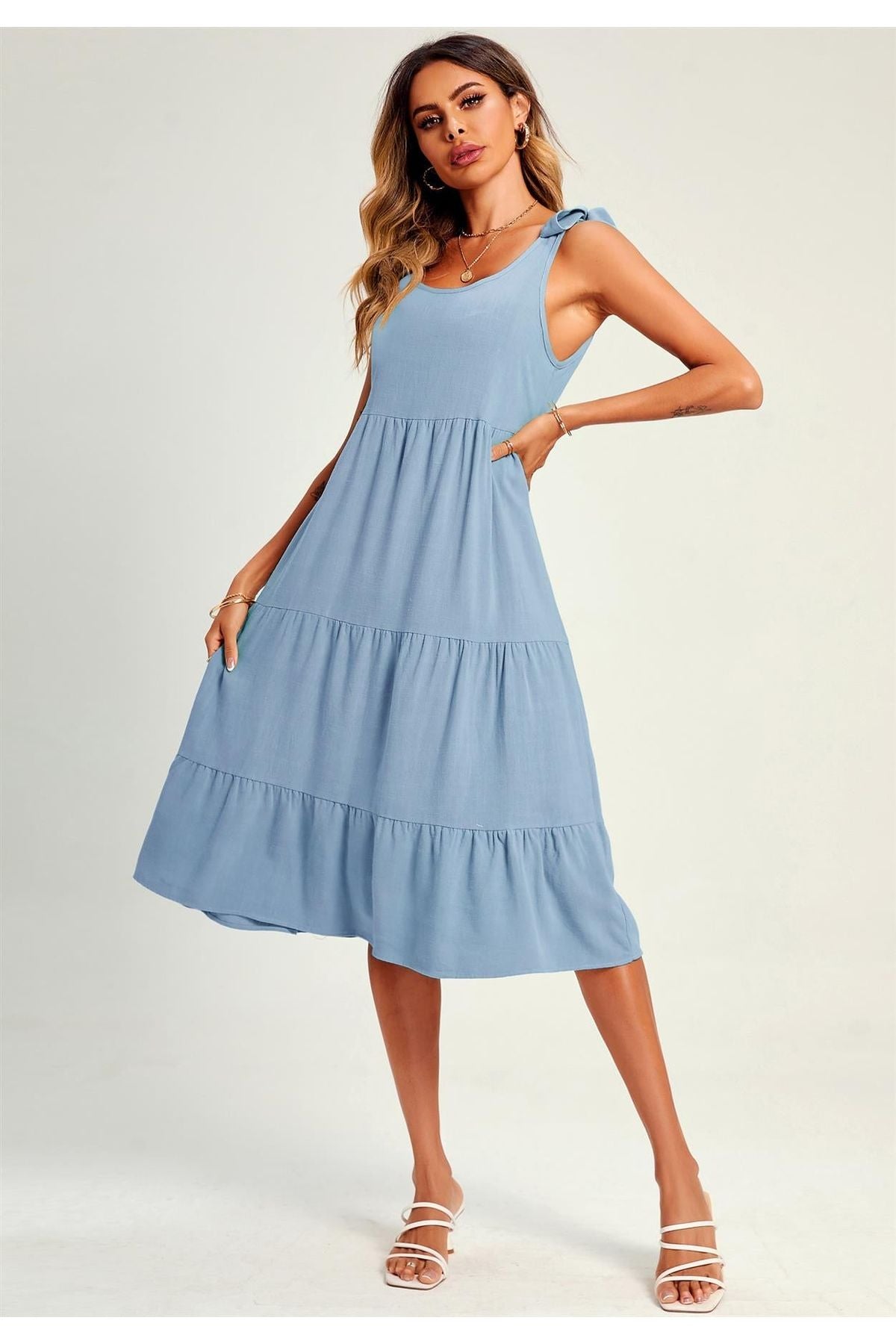 Relaxed Linen Self Tie Shoulder Tiered Midi Dress In Light Blue FS318-LightBlue