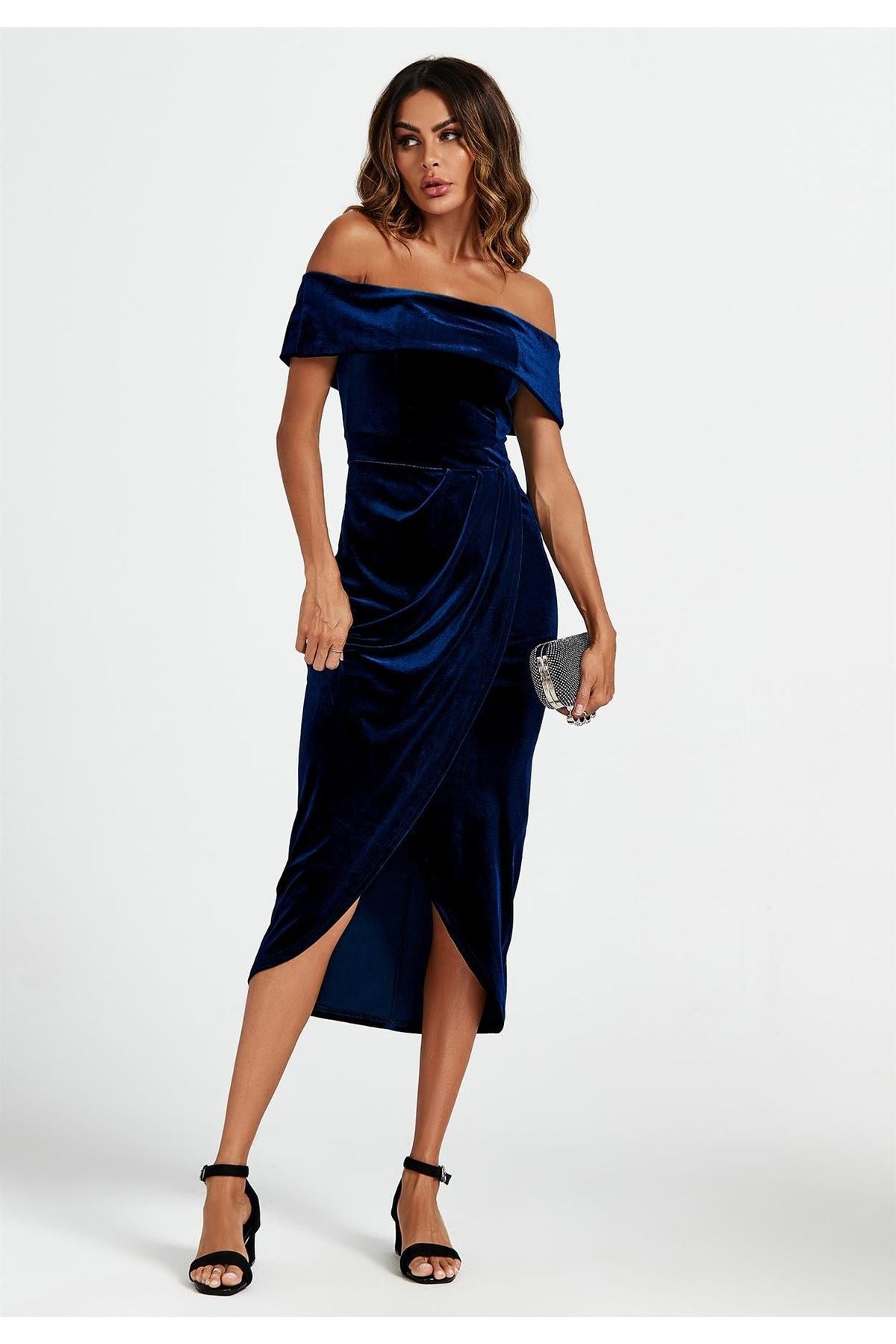 Off Shoulder Velvet Midi Dress In Blue FS593