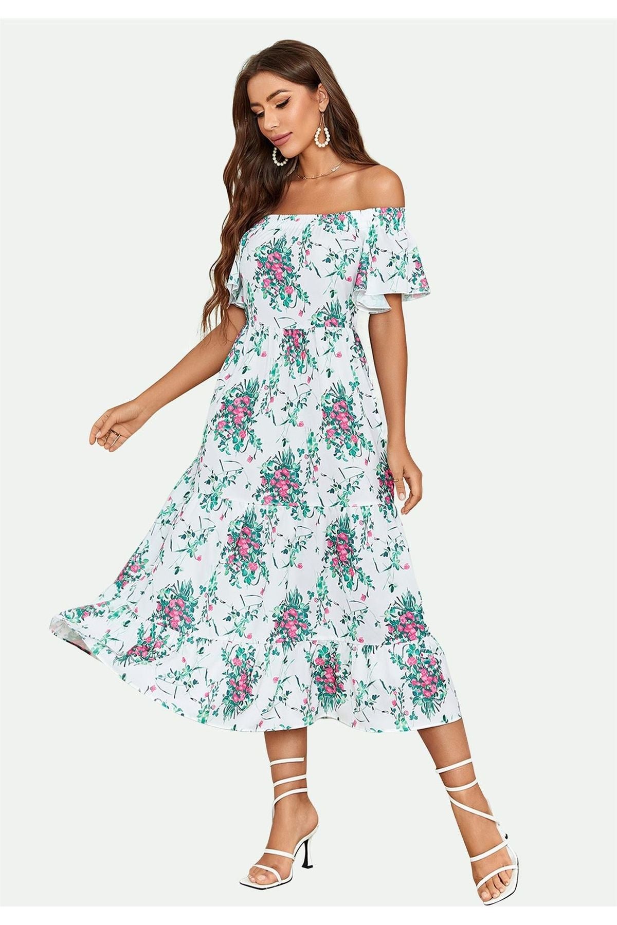 Floral Print Relaxed Bardot Midi Dress In White FS21165-PF