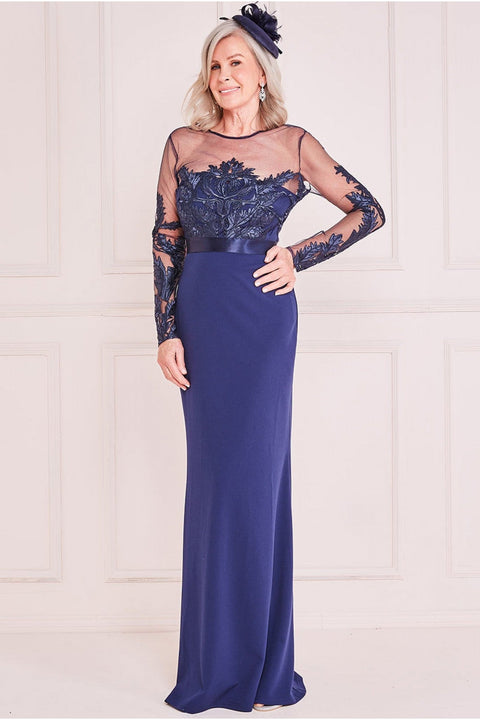 Embroidered Bodice Scuba Maxi - Navy DR3291M