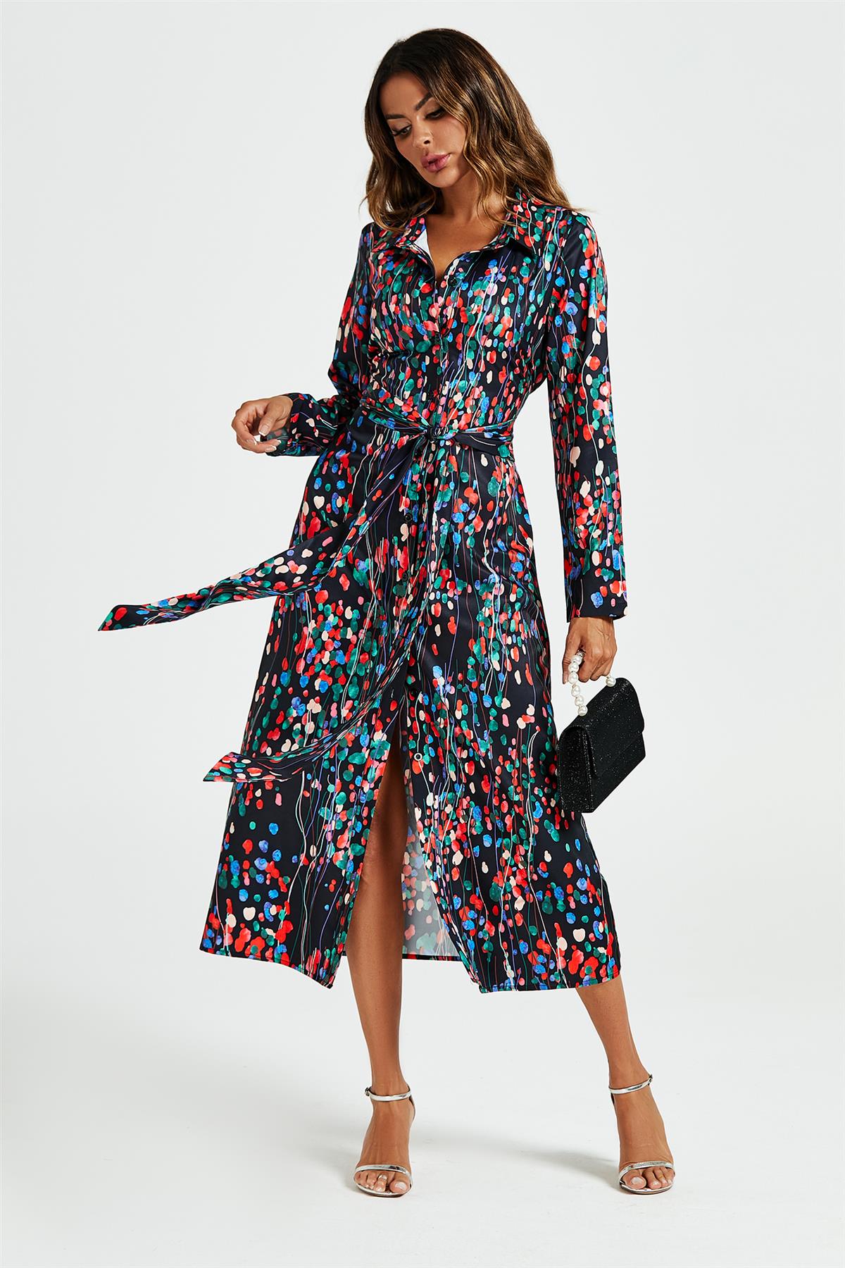 Abstract Floral Print Shirt Midi Wrap Dress In Black FS478-BF