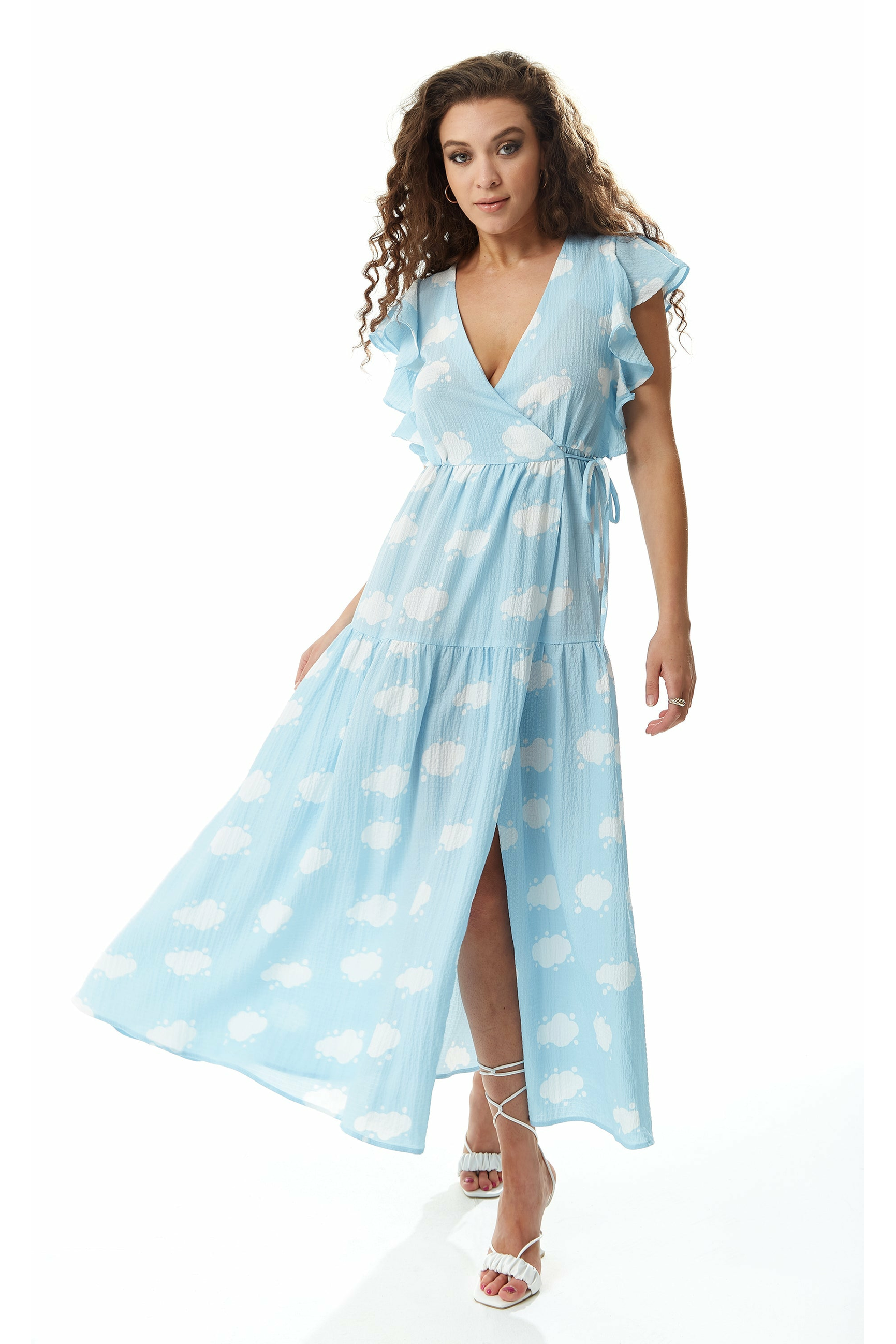 Liquorish cloud Print Midi Wrap Dress with Frill Sleeves in Blue Liquorish