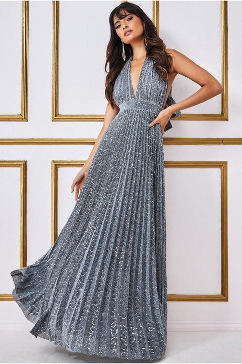 Plunge Halterneck Sequin Lurex Maxi - Silver DR3686