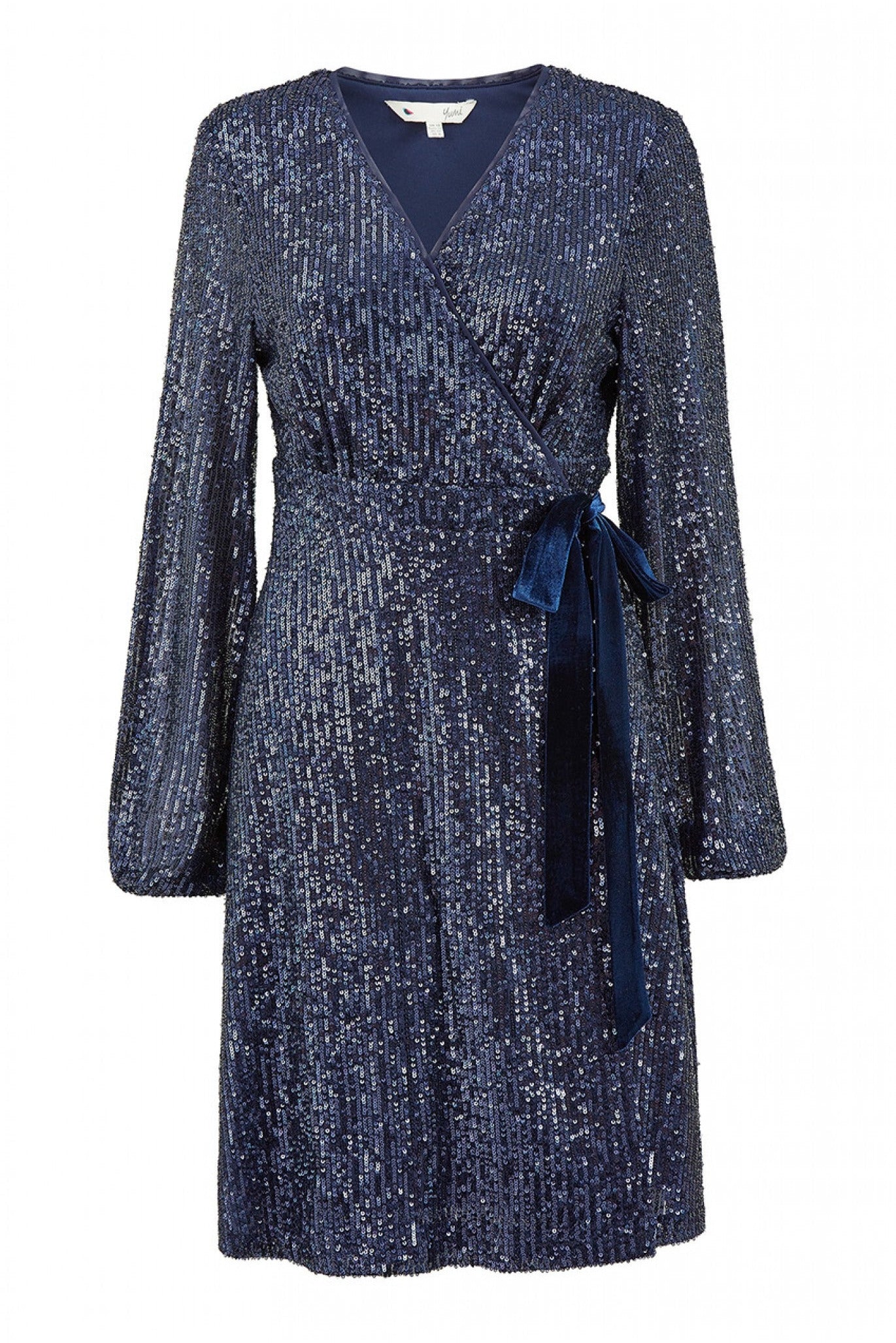 Yumi Navy Sequin Wrap Dress With Velvet Tie | Goddiva