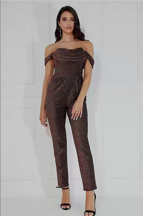 Goddiva Lurex Cowl Neck Jumpsuit - Bronze