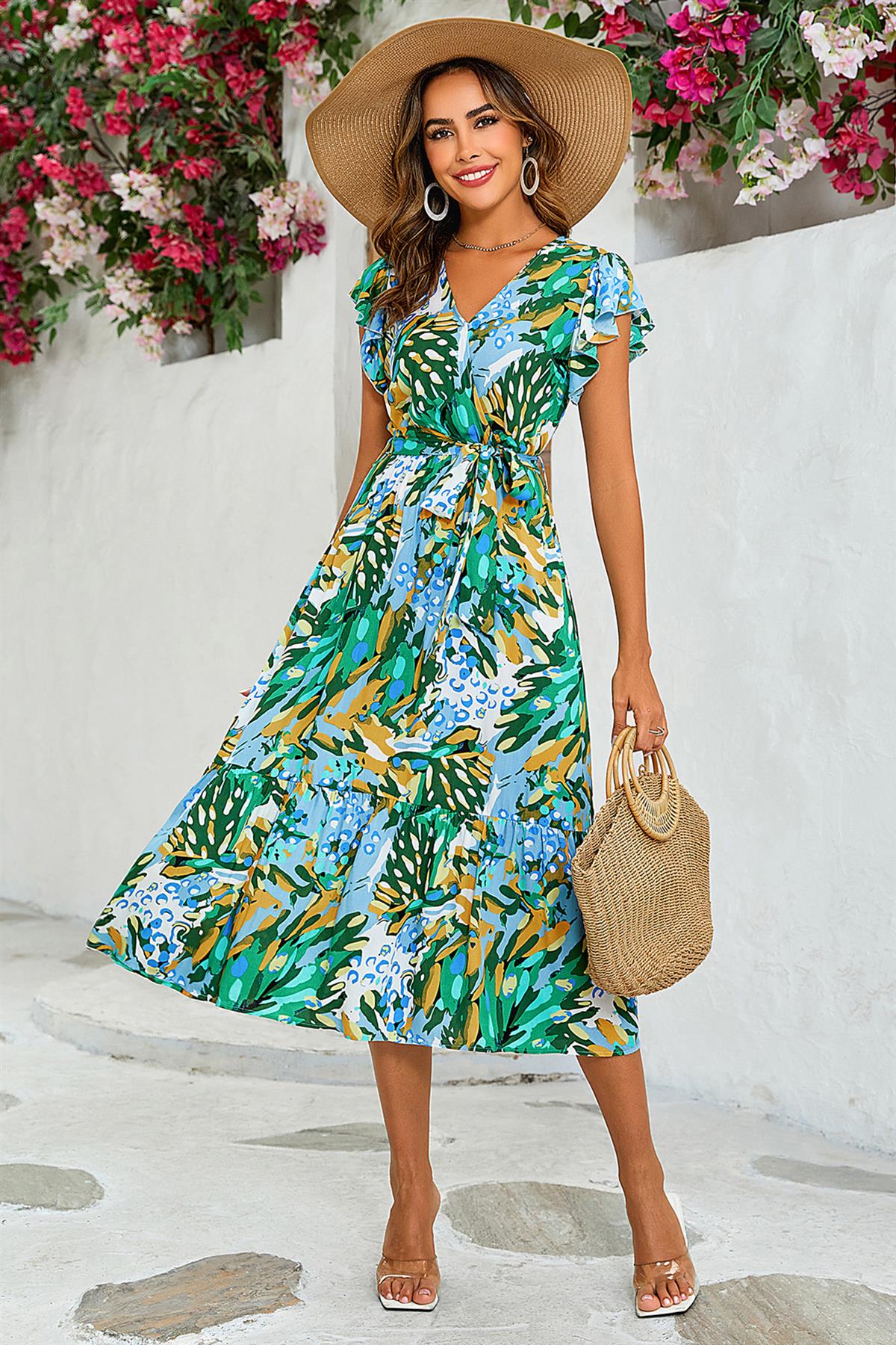 Floral Print Wrap Dress In Yellow & Green FS564-FL