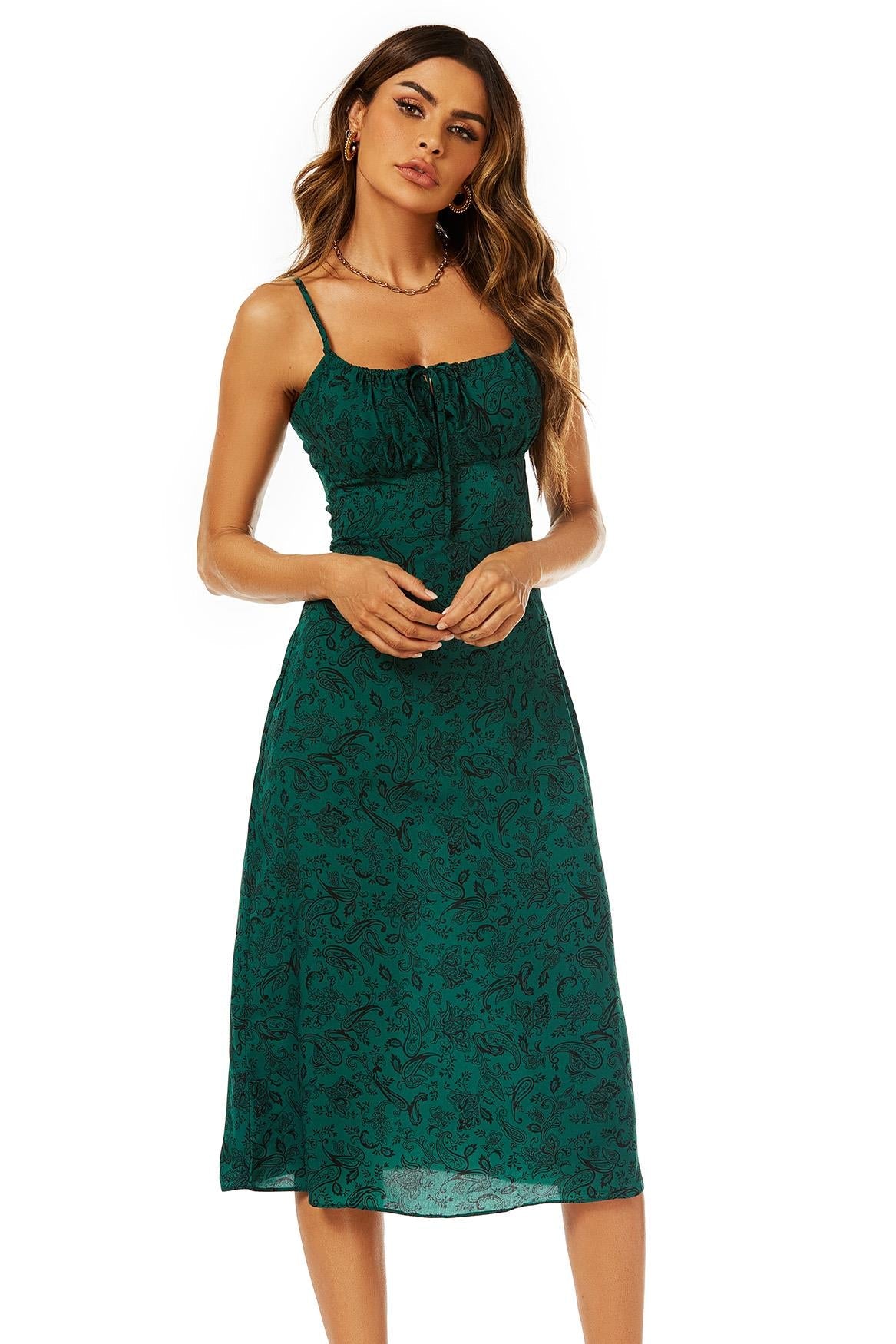 Scoop Neckline Strappy Midi Dress With Keyhole In Green FS570