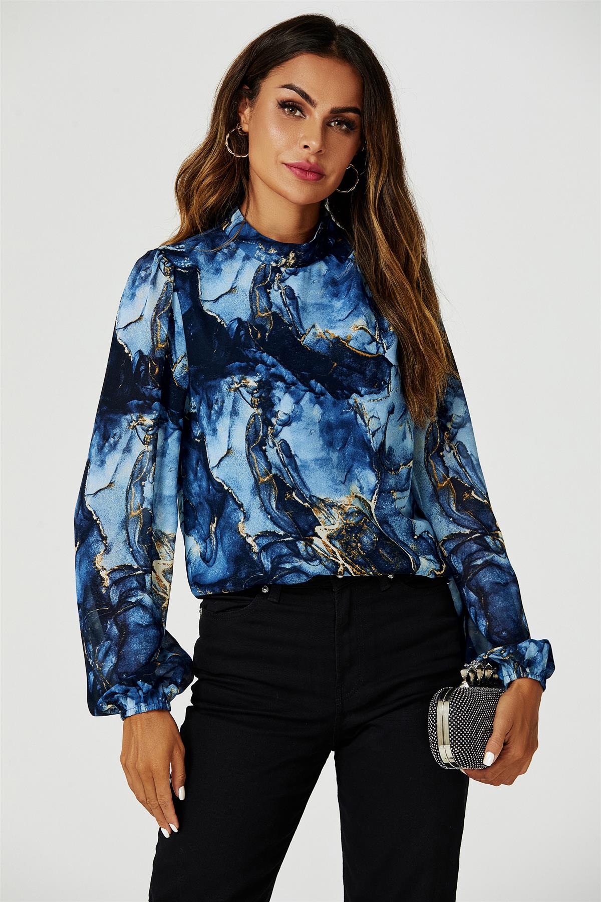 Marble Print Long Sleeve High Neck Top In Navy FS628