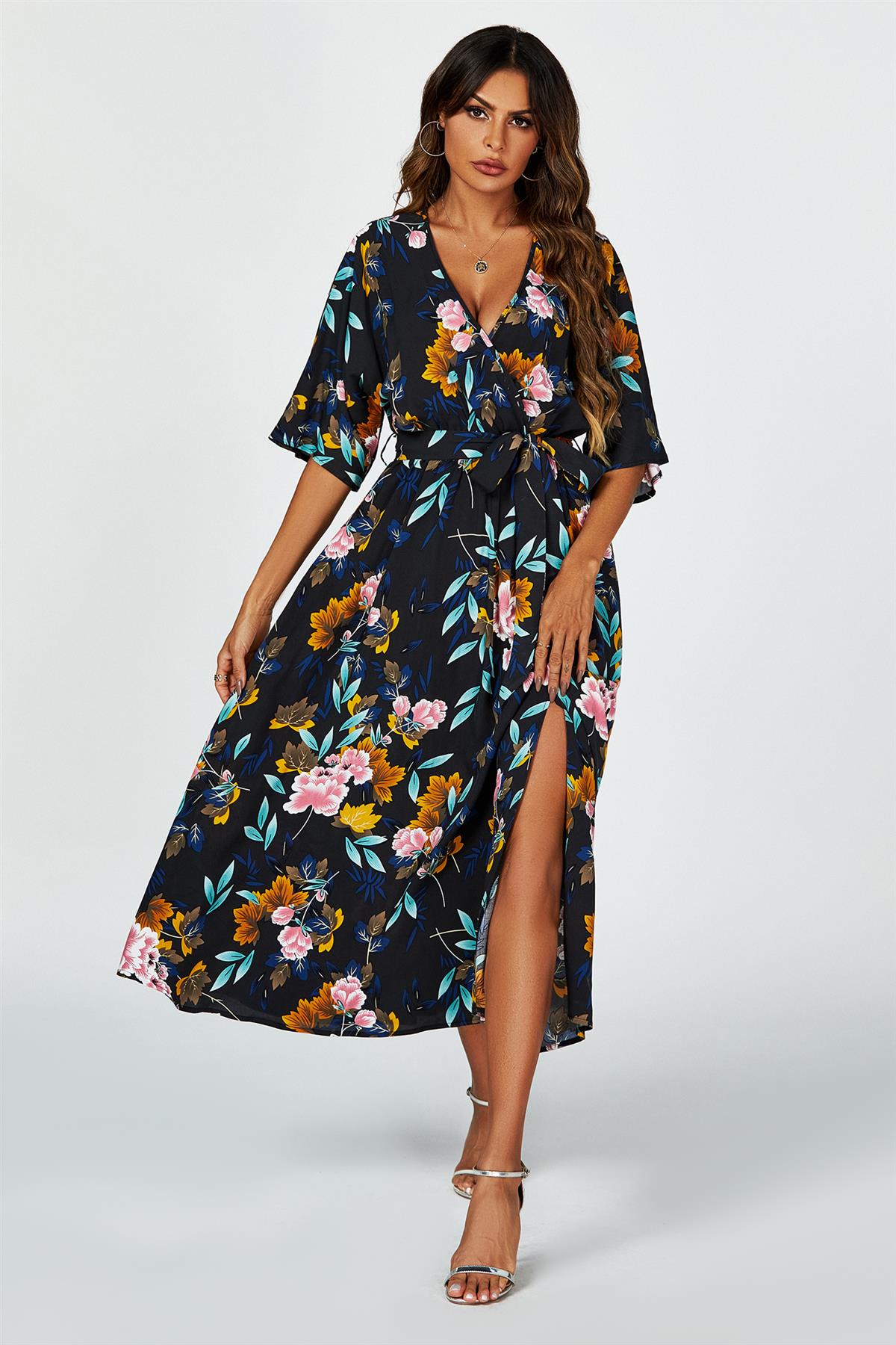 Floral Print Wrap Top Kimono Sleeve Split Maxi Dress In Black FS636