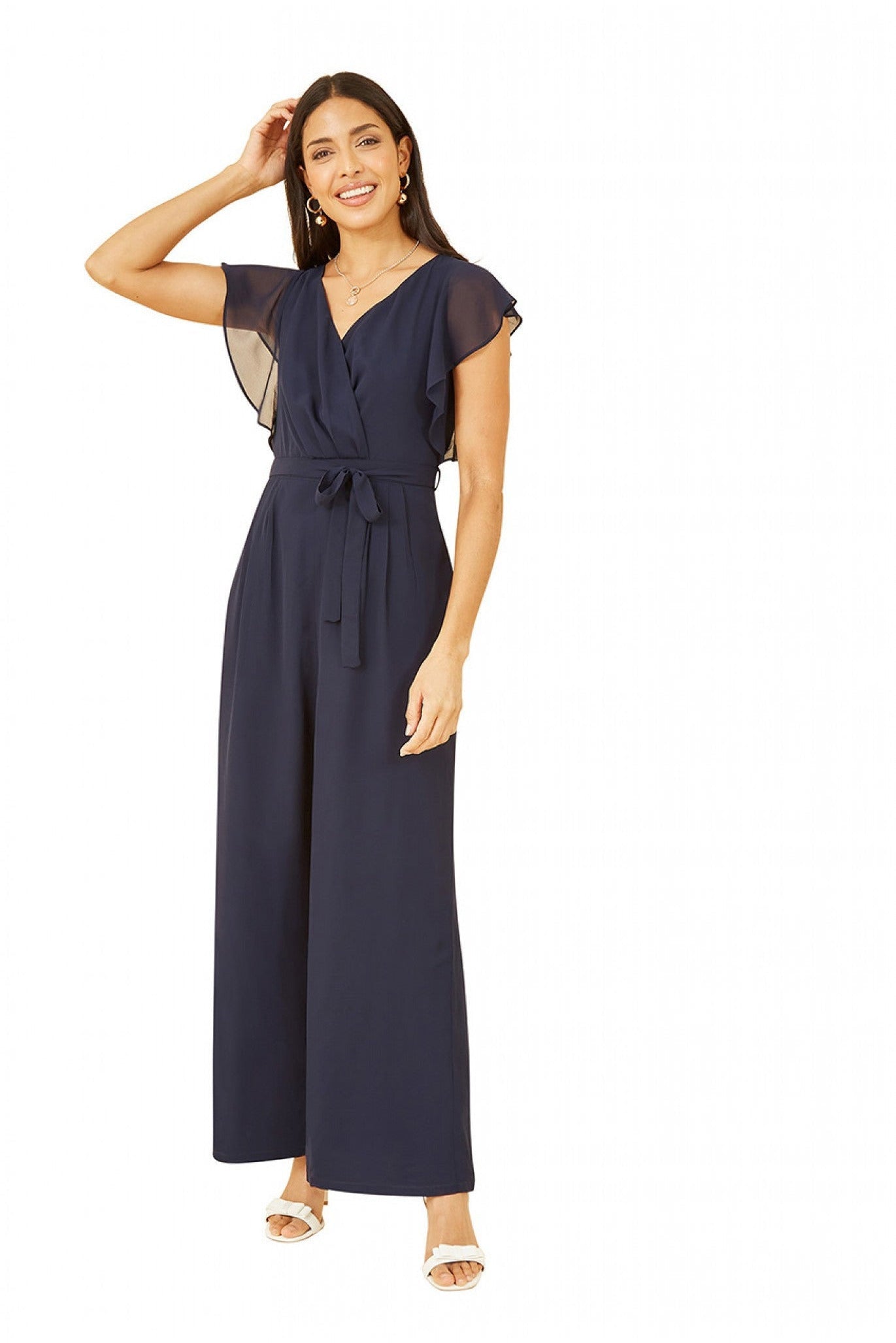 Navy Wrap Jumpsuit With Ruffle Sleeves YM3827027