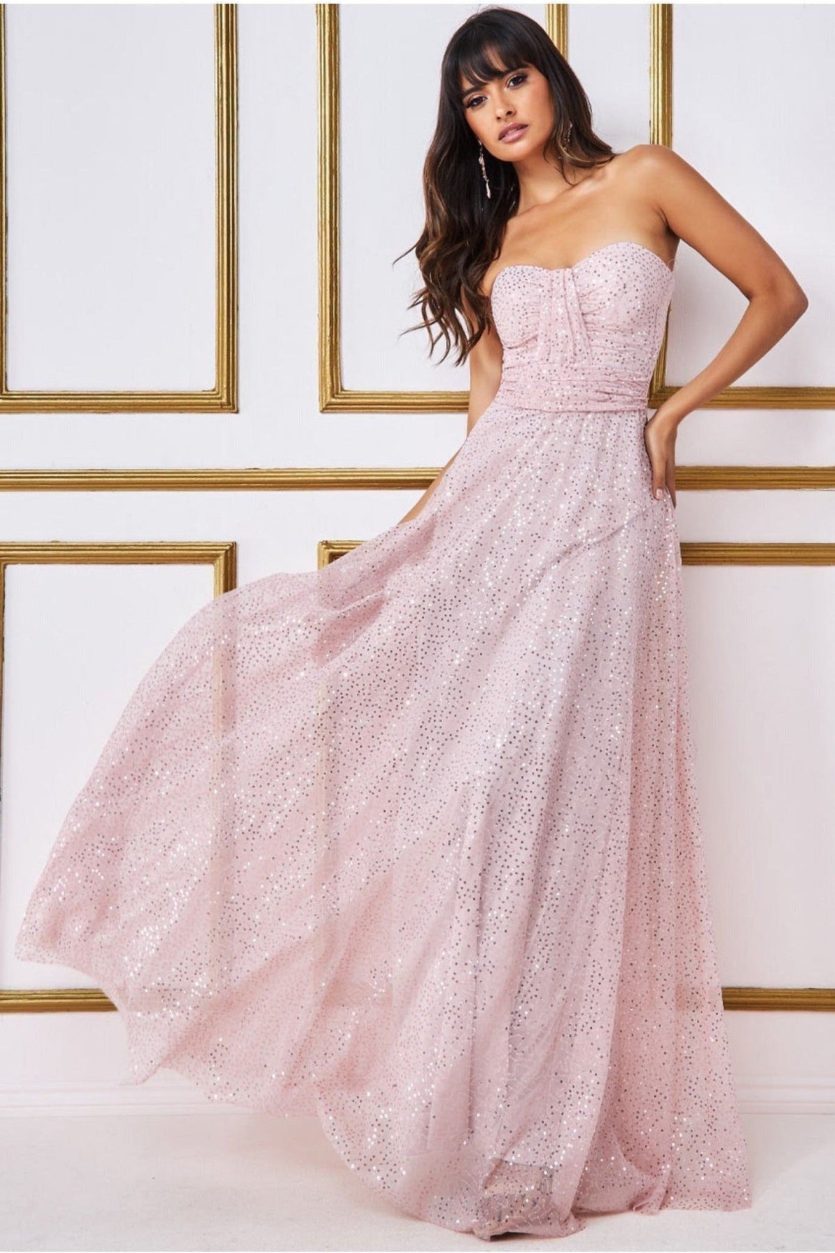 Bandeau Sequin & Mesh Maxi Dress - Blush DR2755