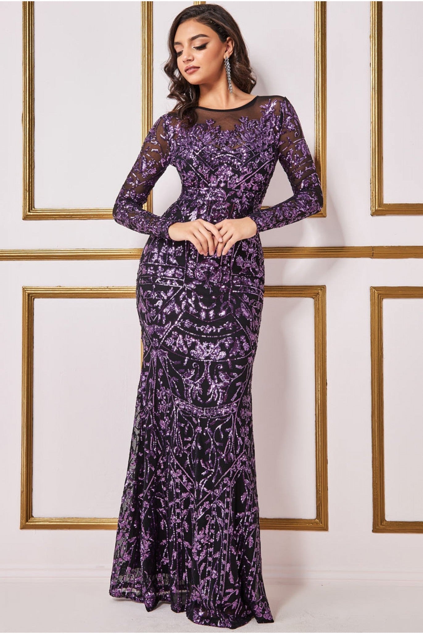 Sequin Mesh Embroidered Maxi Dress - Purple DR3277