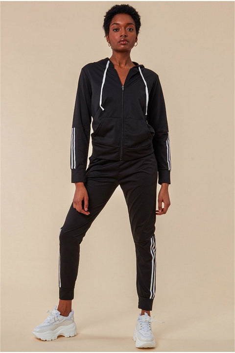 Stripe Detail Hooded Tracksuit Set - Black TS11