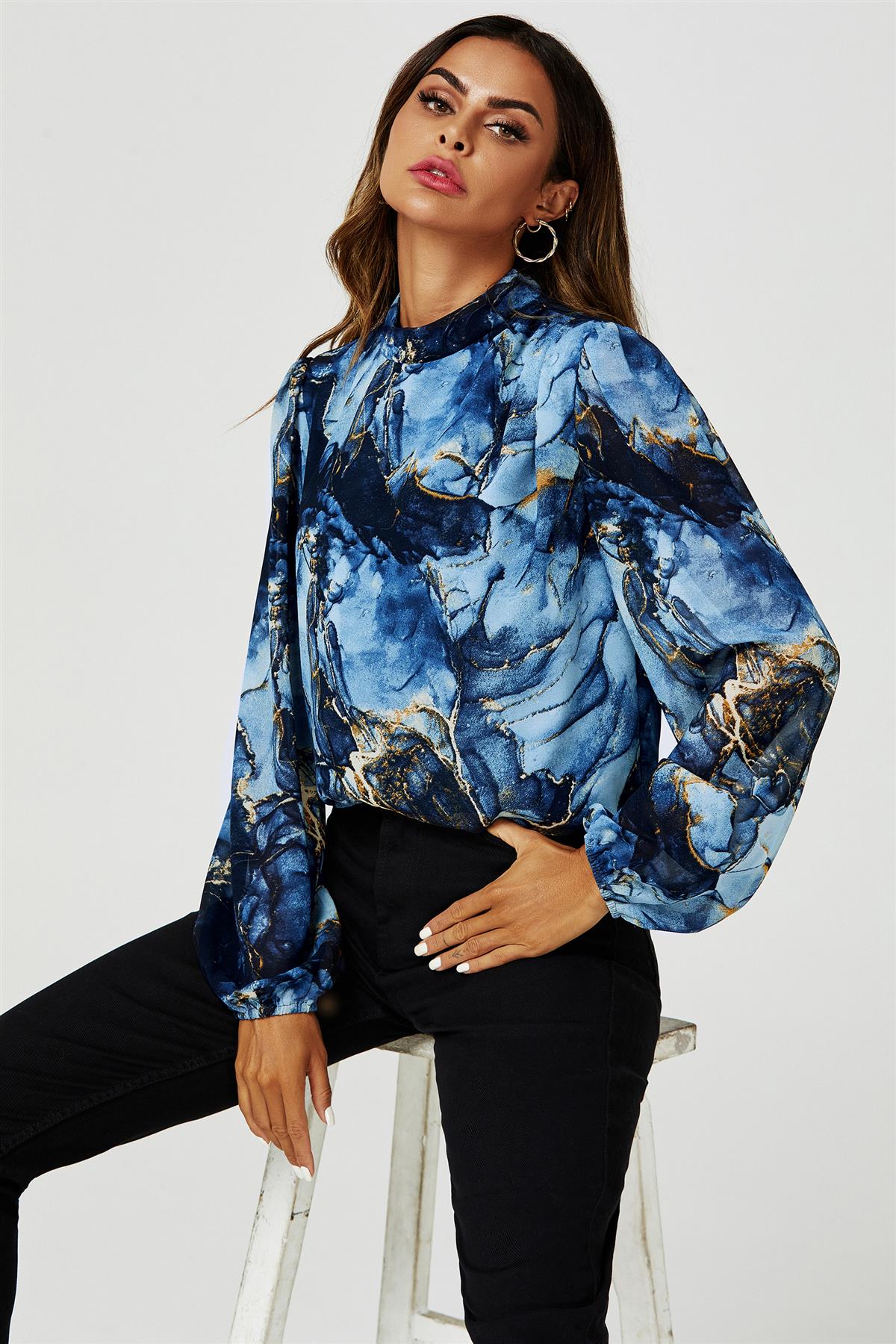 Marble Print Long Sleeve High Neck Top In Navy FS628