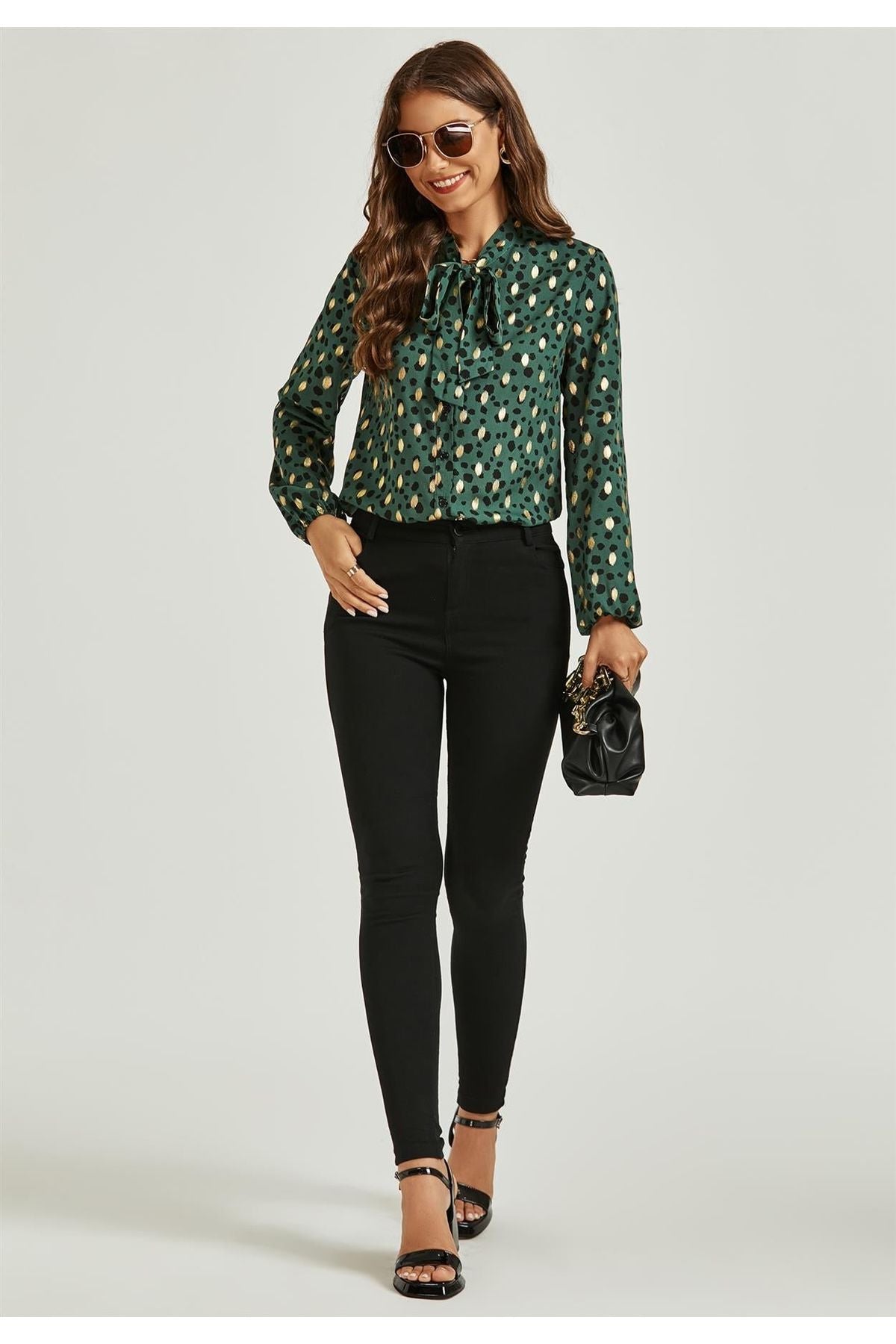 Gold Foil Leopard Print Pussybow Blouse Top In Green FS494