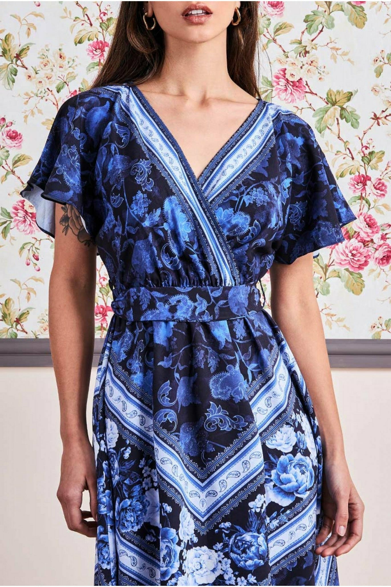 Flutter Sleeve Wrap Style Midi Dress - Navy DR3432