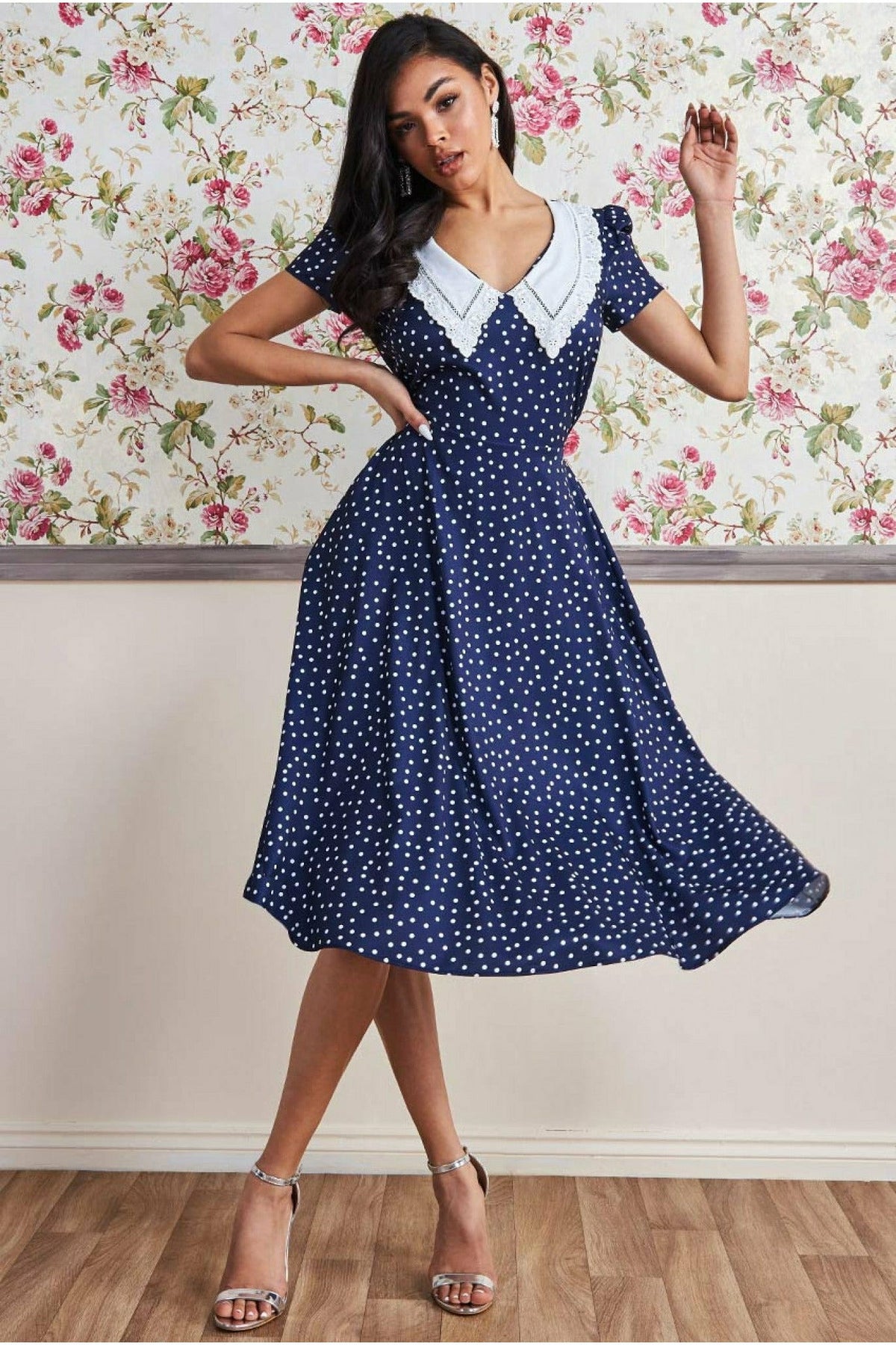 Printed Tea Dress With Collar - Navy DR3354