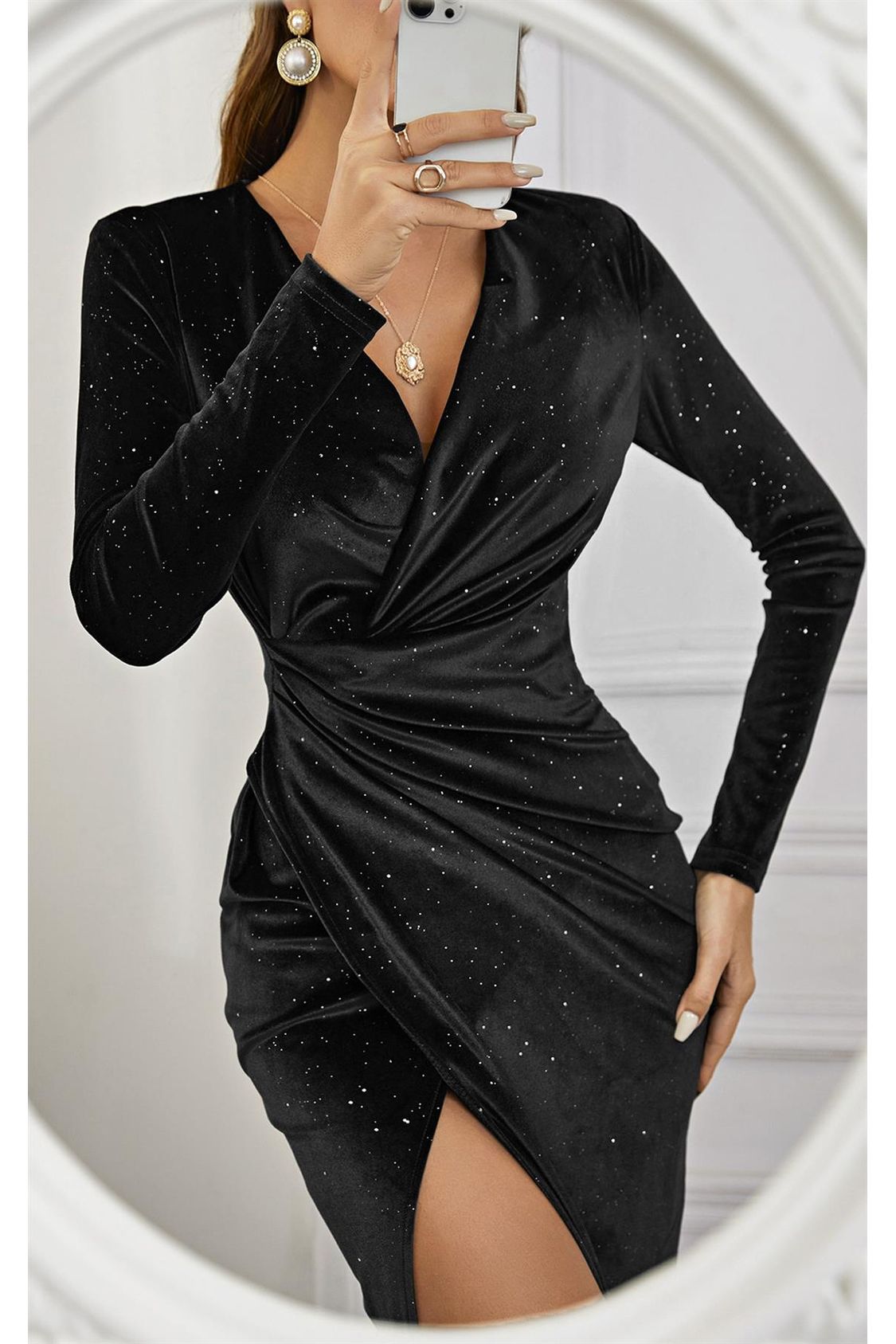 Star Night Sky Velvet Wrap Long Sleeve Midi Dress In Black FS112