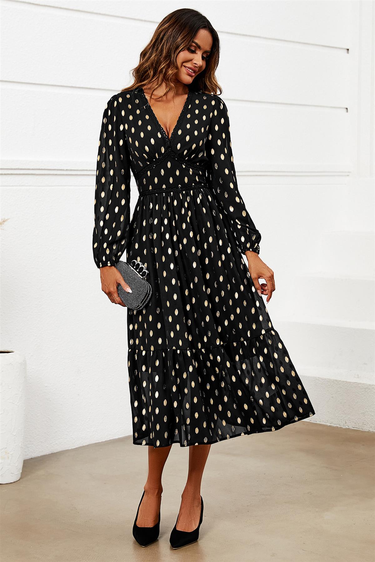 Lace Trim Foil Long Sleeve Maxi Dress In Black FS565-BG