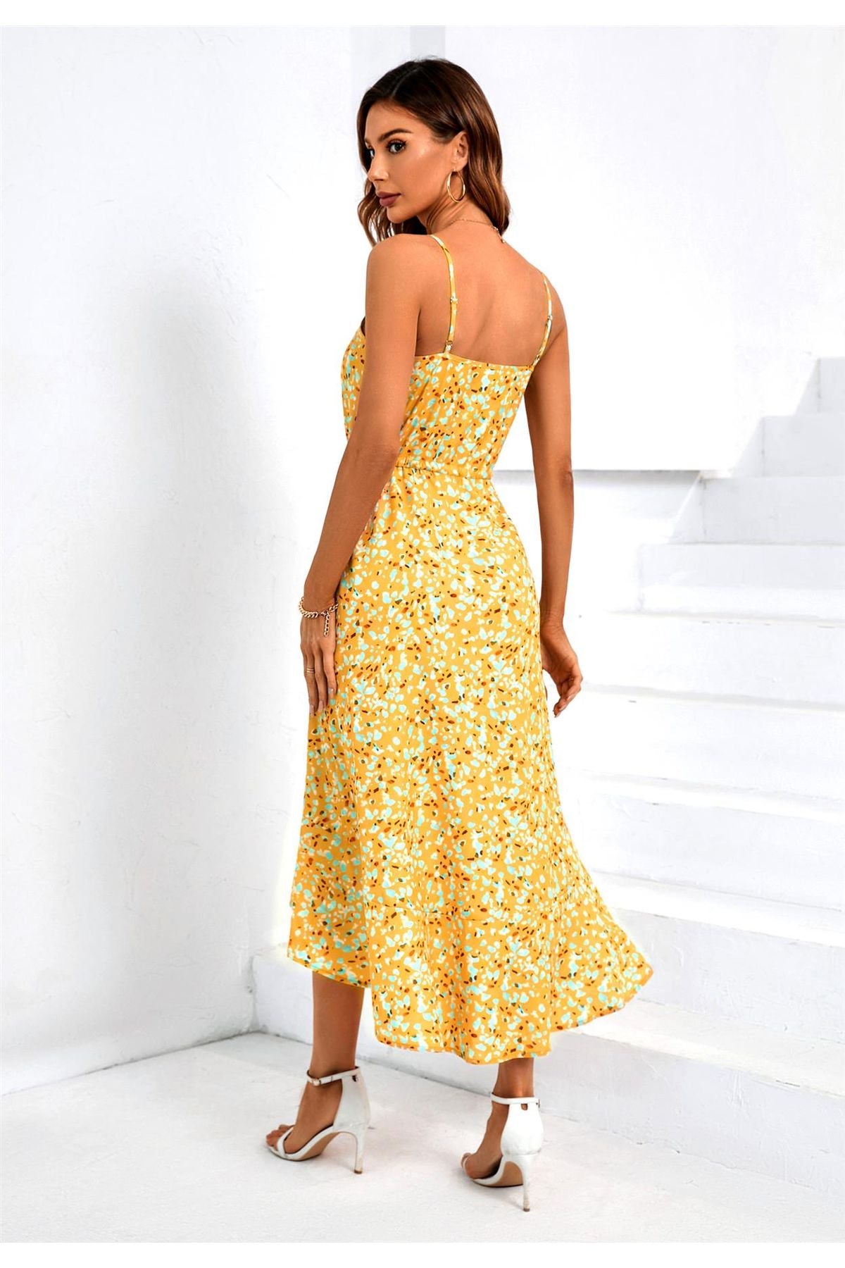 Abstract Dot Print Strappy Cami Midi Dress In Yellow FS546
