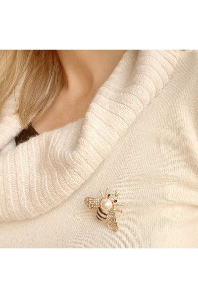 Gold - Bee Brooch Gold Pearl Pin Crystal by QueenMee Accessories