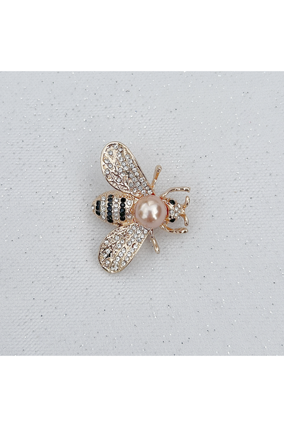 White - Bee Brooch Gold Pearl Pin Crystal by QueenMee Accessories