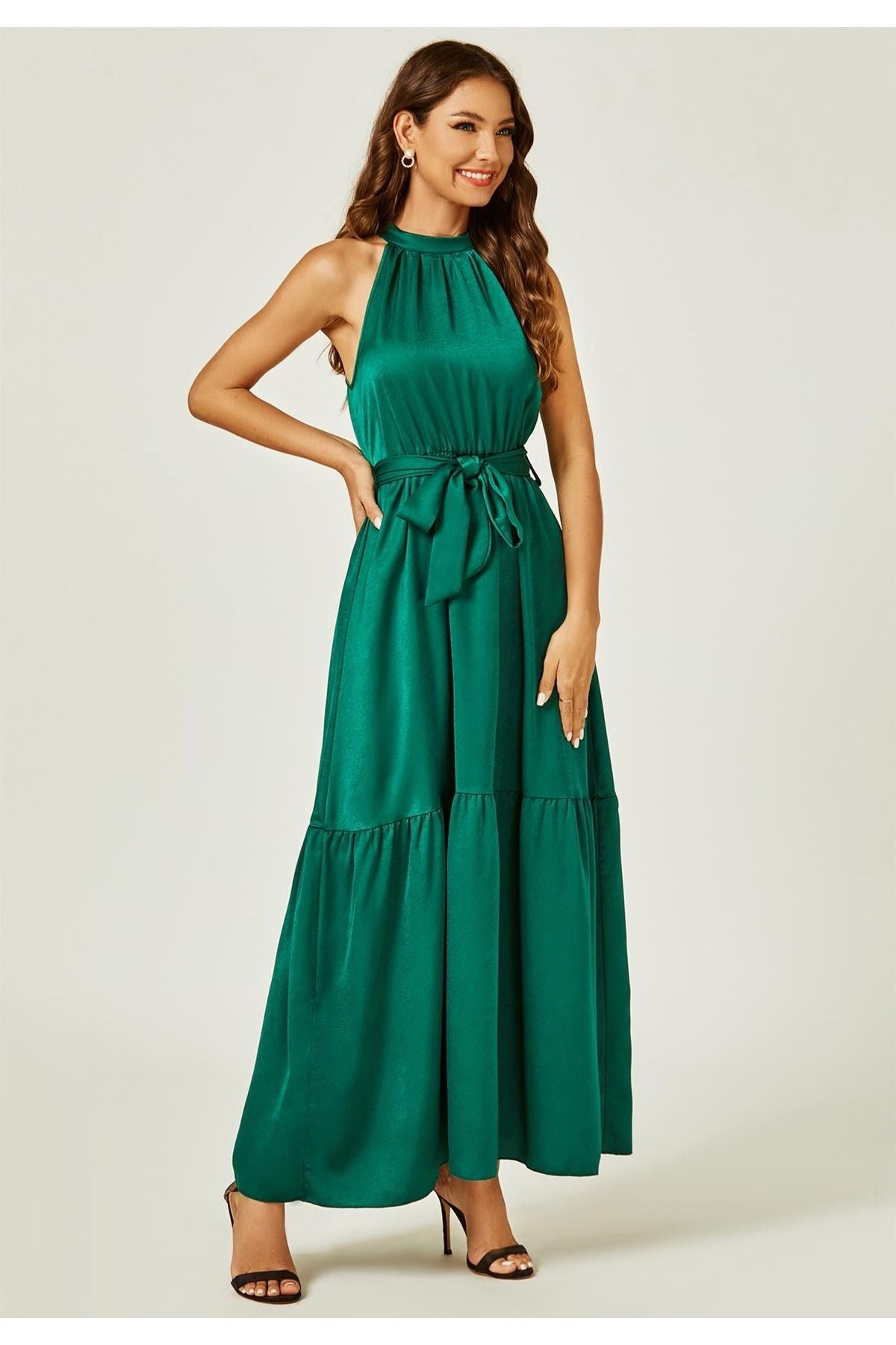 Halter Neck Maxi Layer Dress In Green FS503
