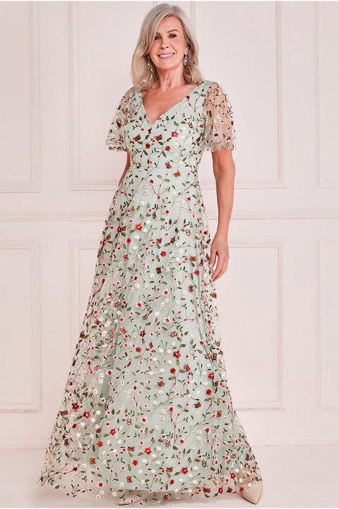 Short Sleeve Embroidered Floral Maxi - Sage Green DR3798M