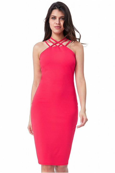 Criss Cross Strap Halter Neck Midi - Hot Pink by City Goddess