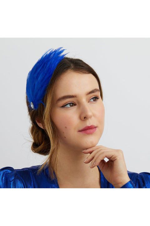 Blue Fascinator Headband Cobalt Blue With Feathers by QueenMee Accessories