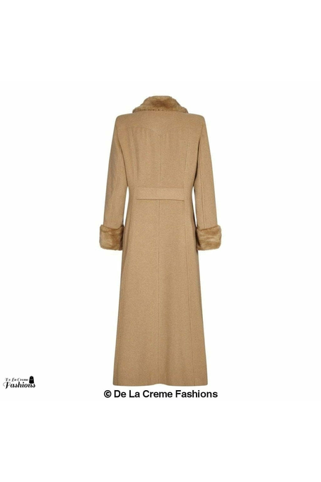 Wool Blend Faux Fur Trim Maxi Coat 2004-FUR