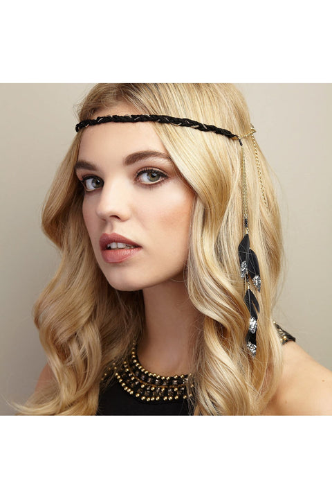 Boho Headband With Feathers And Glitter In Black by QueenMee Accessories