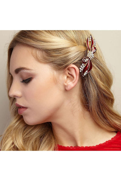 Black - Bow Hair Clip With Diamante by QueenMee Accessories