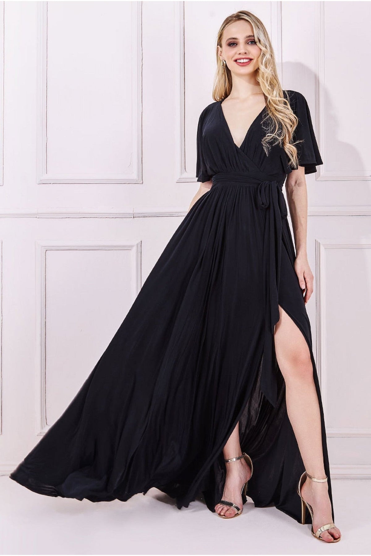 Wrap Front Maxi With Flutter Sleeves - Black DR2565