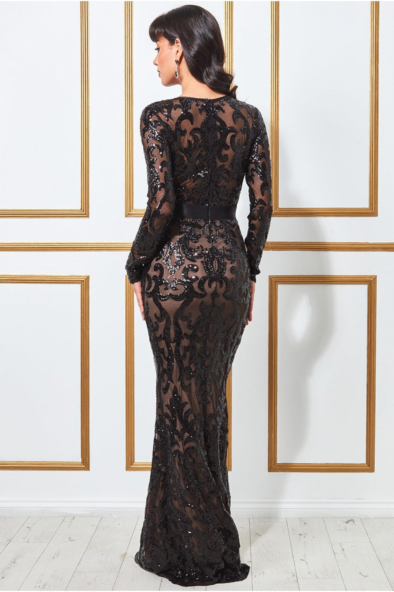 Embroidered Sequin & Mesh Maxi Dress - Black DR2558