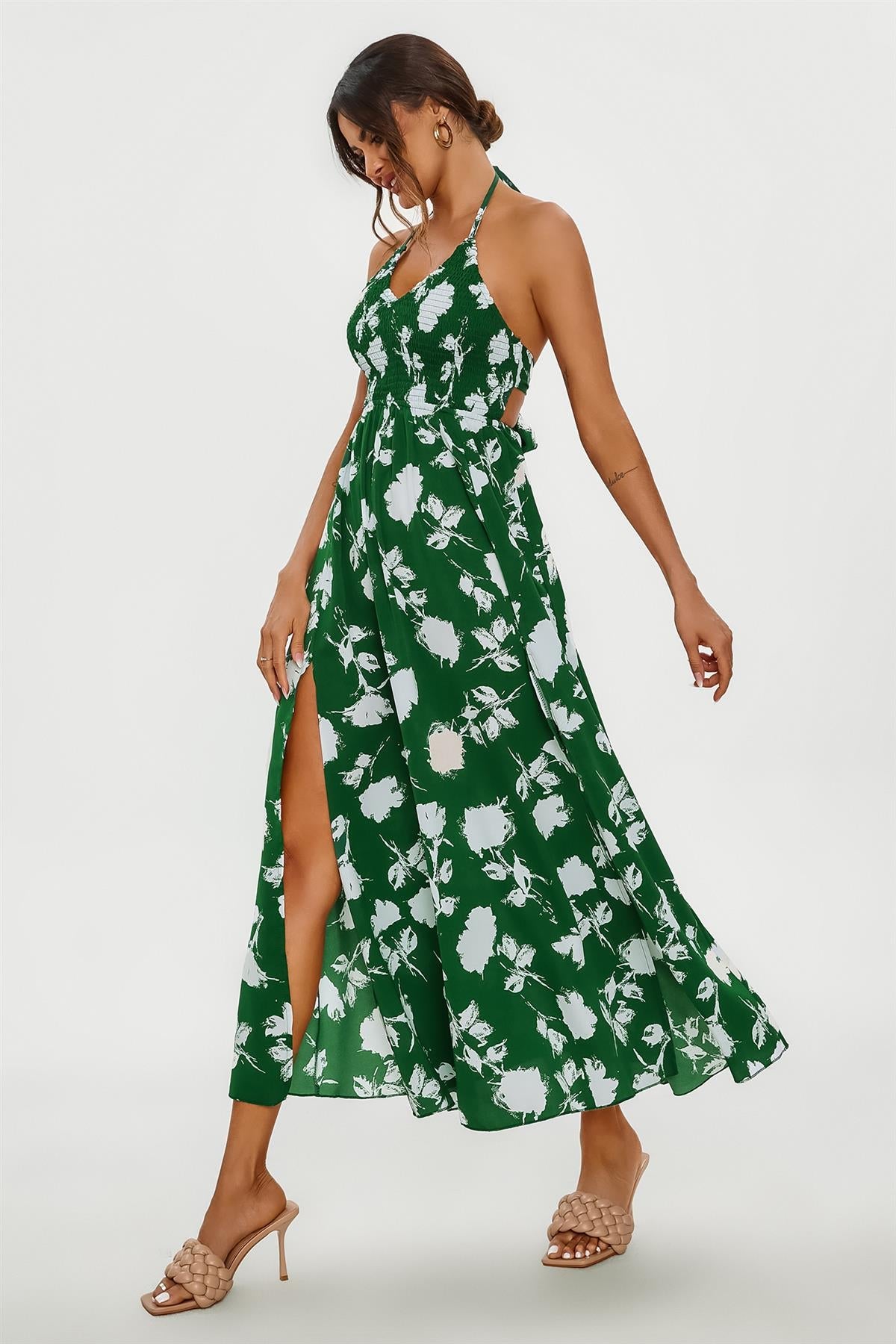 Floral Print Tie Halterneck Back Detail Maxi Dress In Green FS642-GreenF