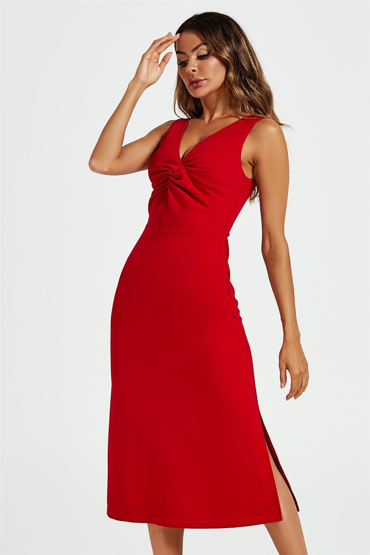 V Neck Knot Front Midi Dress In Red FS612