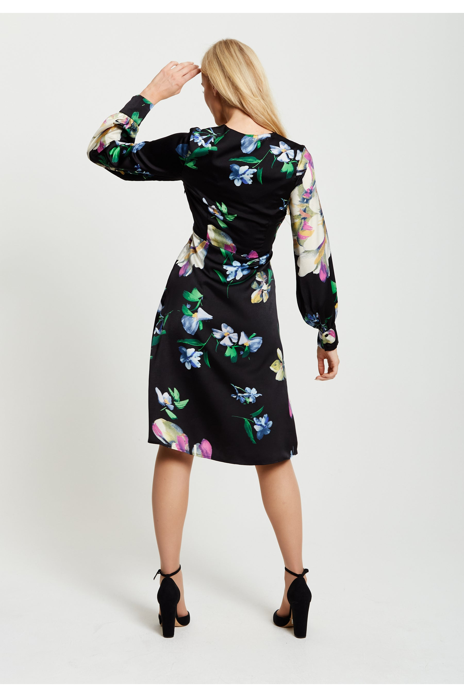 Elegant Floral Print Midi Wrap Dress In Black E1-198-LIQ22AW040