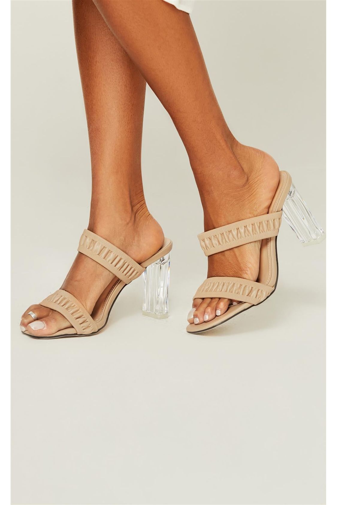 Pleated Strap Clear Lucite Block Heel Mule Sandals In Nude Shoes-009
