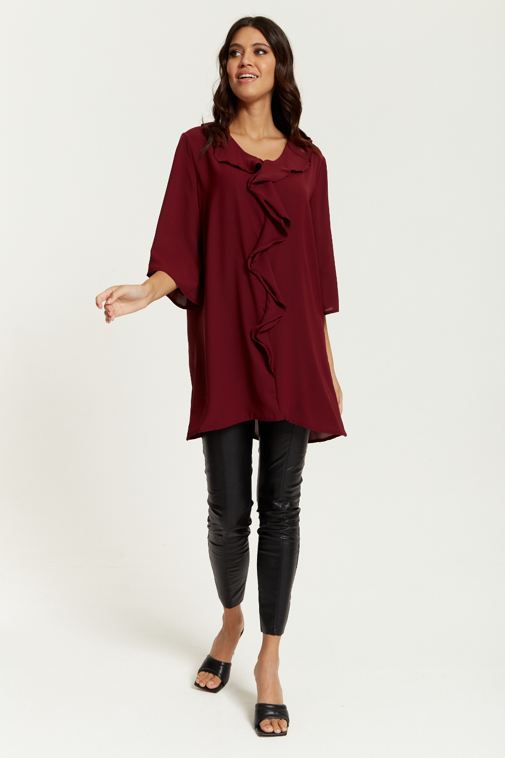 Oversized Frill Detailed 3/4 Sleeves Tunic Shirt in Burgundy GLR FASHION NETWORKING