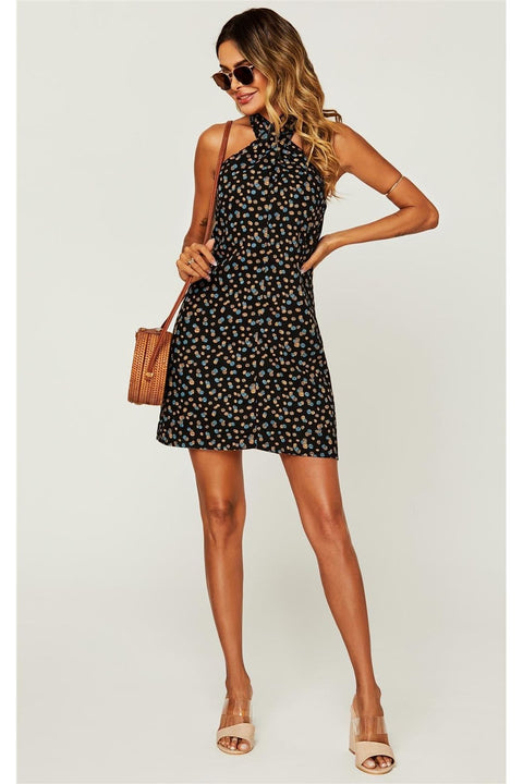 Spot Print Halter Neck Back Detail Mini Dress In Black FS21192-BD